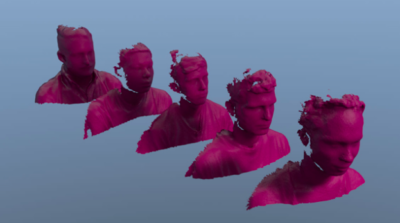 Digitale 3d afbeeldingen van de roze maskers die onleesbaar zijn voor biometrische gezichtsherkenning.