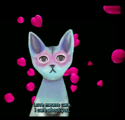 Tekst in afbeelding: 'Love means care. I care about you'. AI wereldheerser in de vorm van een blauwe kat met roze hartjes eromheen.