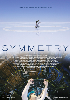 Filmposter van Symmetry, waarop een man in een witte blouse met zijn handen naar boven rijkt. Deze film symmetry is sci-fi en onderzoekt het thema verstand vs. gevoel.