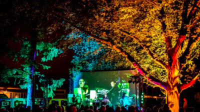 Een avondvoorstelling van Bert Barten, waarbij muziek van bomen wordt gecombineerd met kleurrijke verlichting en projecties. Het publiek geniet van deze unieke kunst- en natuurervaring.