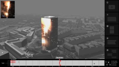 Visualisatie van de Grenfell Tower-brand door Forensic Architecture, waarin technologie wordt ingezet om geweldsdelicten te analyseren en reconstrueren.