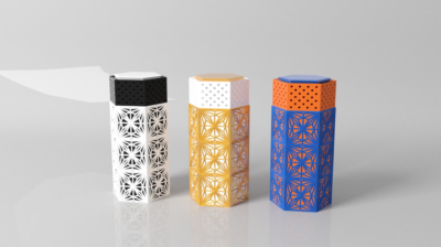 Drie geometrisch vormgegeven urnen uit Daniel Hubers project 'Data Urns', die digitale nalatenschap en persoonlijke data na de dood symboliseren.