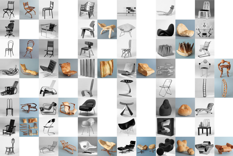 Diverse foto's van de stoelen van brood die Mathilde ontwierp, een bijzonder design die voedsel als materiaal gebruikt.