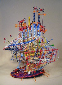Kleurrijk 3D werk dat naast een muziekstuk onderdeel is van datavisualitie van weerdata.